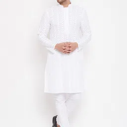 VASTRAMAY Men White Chikankari Pure Cotton Kurta with Churidar-picture-38