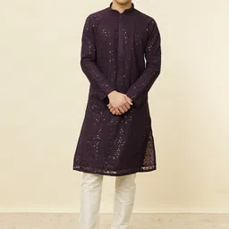 Manyavar Floral Embroidered Sequinned Art Silk Regular Kurta With Pyjamas-image-83