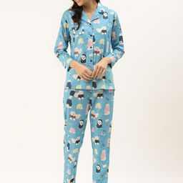 Rapra The Label Women Blue & White Pure Cotton Dog Print Night Suit with Eye Mask-image-87
