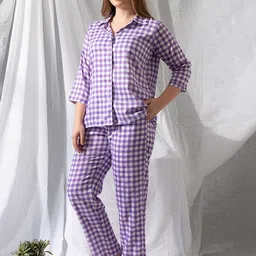 Clovia Classic Checks Cotton Button Me Down Shirt & Pyjama Set-39
