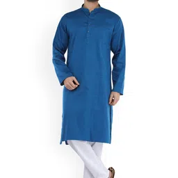 Exotic India Solid Mandarin Collar Straight Pure Cotton Kurta With Pyjamas-image-93