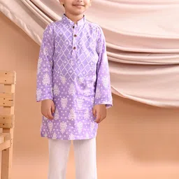 Sangria Boys Purple Printed Mandarin Collar Pure Cotton Straight Kurta With Trousers-image-58