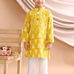 Sangria Boys Yellow Floral Printed Pure Cotton Straight Kurta With Pyjama-image-64