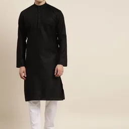 SOJANYA Men Black Cotton Linen Solid Kurta with Churidar-picture-13