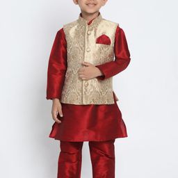 VASTRAMAY Boys Mandarin Collar Straight Kurta with Pyjama & Nehru Jacket-image-26