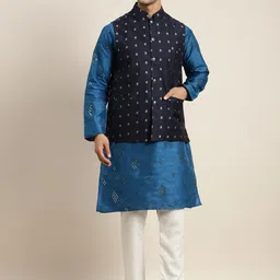 SOJANYA Men Blue Mirror Work Kurta with Pyjamas & Nehru Jacket-11