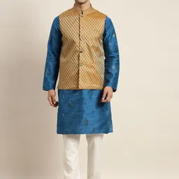 SOJANYA Men Blue Mirror Work Kurta with Pyjamas & Nehru Jacket-44