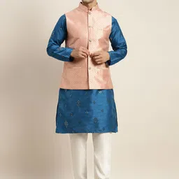SOJANYA Men Blue Mirror Work Kurta with Pyjamas & Nehru Jacket-23