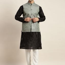 SOJANYA Men Black Mirror Work Kurta with Pyjamas & Nehru Jacket-picture-12