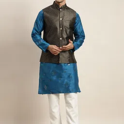 SOJANYA Men Blue Mirror Work Kurta with Pyjamas & Nehru Jacket-14