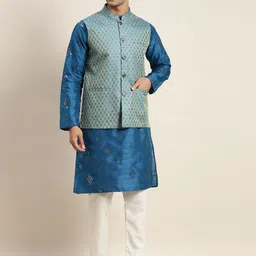 SOJANYA Men Blue Mirror Work Kurta with Churidar & Nehru Jacket-10