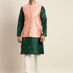 SOJANYA Men Green Mirror Work Kurta with Pyjamas & Nehru Jacket-56