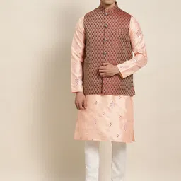 SOJANYA Men Peach-Coloured Mirror Work Kurta with Churidar & Nehru Jacket-0