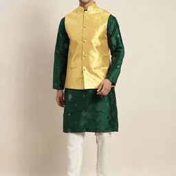 SOJANYA Men Green Ethnic Motifs Embroidered Mirror Work Kurta with Pyjamas & Nehru Jacket-picture-13