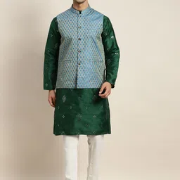 SOJANYA Men Green Embroidered Mirror Work Kurta with Pyjamas & Nehru Jacket-picture-0