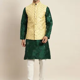 SOJANYA Men Green Floral Embroidered Mirror Work Kurta with Pyjamas & Nehru Jacket-36