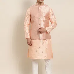 SOJANYA Men Peach-Coloured Ethnic Motifs Mirror Work Kurta with Pyjamas & Nehru Jacket-11