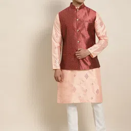 SOJANYA Men Peach-Coloured Mirror Work Kurta with Pyjamas & Nehru Jacket-17
