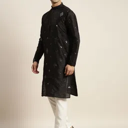SOJANYA Men Black Mirror Work Kurta with Pyjamas & Nehru Jacket image 4