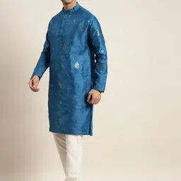 SOJANYA Men Blue Mirror Work Kurta with Pyjamas & Nehru Jacket image 2
