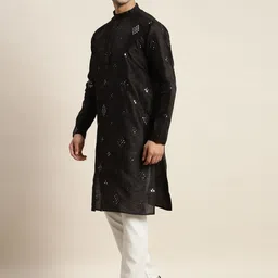 SOJANYA Men Black Mirror Work Kurta with Pyjamas & Nehru Jacket image 3