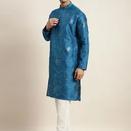 SOJANYA Men Blue Mirror Work Kurta with Pyjamas & Nehru Jacket image 4