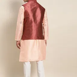 SOJANYA Men Peach-Coloured Mirror Work Kurta with Pyjamas & Nehru Jacket image 5