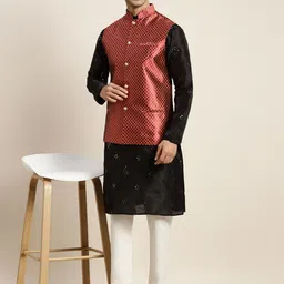 SOJANYA Men Black Mirror Work Kurta with Pyjamas & Nehru Jacket image 5
