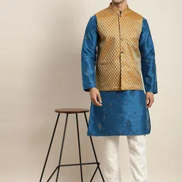 SOJANYA Men Blue Mirror Work Kurta with Pyjamas & Nehru Jacket image 5
