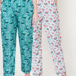 FashionRack Women Pack Of 2 Green & Blue Printed Cotton Lounge Pants-picture-8
