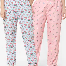 FashionRack Women Pack of 2 Blue & Pink Conversational Printed Cotton Lounge Pants-picture-5