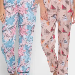 FashionRack Women Beige & Blue Pack of 2 Printed Cotton Lounge Pants-image-82