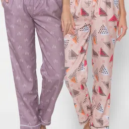 FashionRack Women Beige & Purple Pack of 2 Printed Cotton Lounge Pants-picture-44