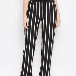 Hypernation Women Black & Off White Striped Cotton Lounge Pants-image-96