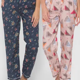 FashionRack Women Pack of 2 Beige & Navy Blue Cotton Printed Lounge Pants-image-31