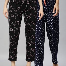 Kryptic Pack of 2 Women Black & Navy Blue Cotton Printed Pyjamas-picture-1