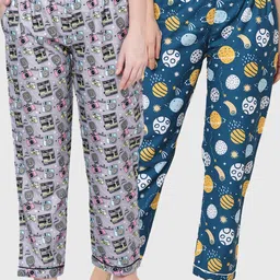 FashionRack Women Pack Of 2 Grey & Navy Blue Printed Lounge Pants-image-25