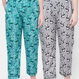 FashionRack Women Pack Of 2 Green & Grey Printed Cotton Lounge Pants-picture-2