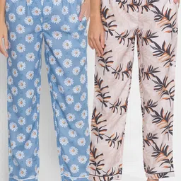 FashionRack Women Beige & Blue Pack of 2 Printed Cotton Lounge Pants-image-83