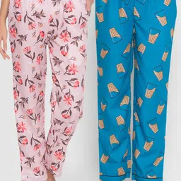 FashionRack Women Pink & Blue Pack of 2 Printed Cotton Lounge Pants-image-89