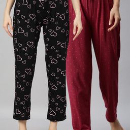 Kryptic Women Black & Maroon Pack Of 2 Printed Pure Cotton Pyjamas-image-53