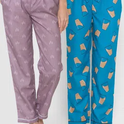 FashionRack Women Beige & Purple Pack of 2 Printed Cotton Lounge Pants-image-45
