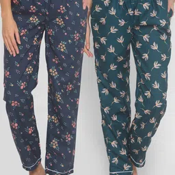 FashionRack Women Green & Navy Blue Pack Of 2 Printed Lounge Pants-picture-42