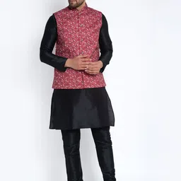 Benstoke Men Black Dupion Silk Kurta with Churidar and Nehru Jacket-image-96