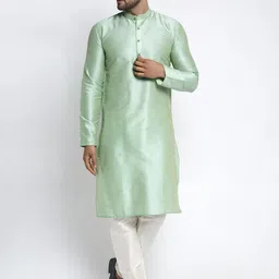 Jompers Men Green Pleated Dupion Silk Kurta with Pyjamas-picture-24