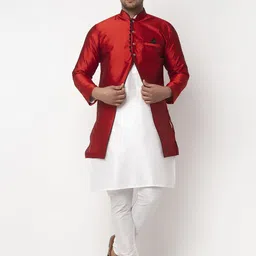 Benstoke Men White Dupion Silk Kurti Churidar With Ethnic Jacket set-image-41