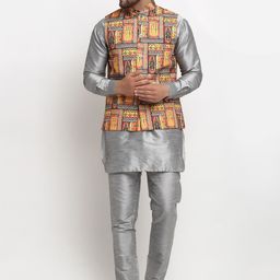 Benstoke Men Grey Printed Dupion Silk Kurti with Pyjamas and Nehru Jacket-picture-16