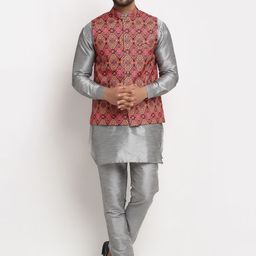 Benstoke Men Grey Printed Dupion Silk Kurta with Pyjamas-18