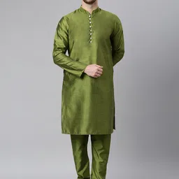 Hangup Men Green Ethnic Motifs Regular Dupion Silk Kurta with Churidar & Nehru Jacket-picture-15