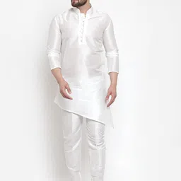 Kaifoo Men White Dupion Silk Kurta with Pyjamas-image-3